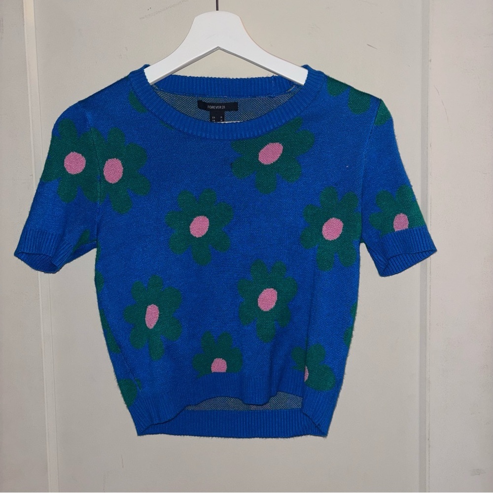 Forever 21 Blue Knit Top with Floral Accents
